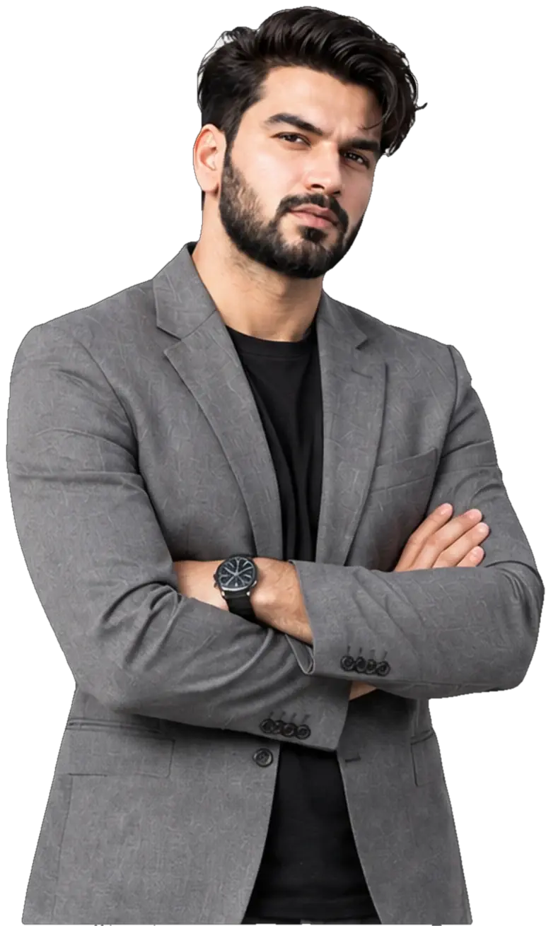 Sultan in a grey suit with arms crossed